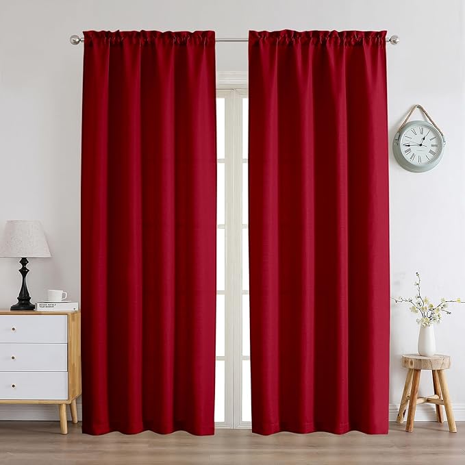 Chyhomenyc Christmas Red Curtains 90 Inch Length 2 Panels Set, Faux Linen Textured Light Filtering Soft Airy Privacy Farmhouse Curtain Drapes for Living Room Bedroom, 40W x 90L Inches