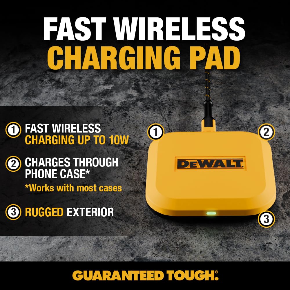 DEWALT Heavy Duty Wireless Charger, 10W Max Fast Wireless Charging Pad Compatible with iPhone 17/16/15/14/13/12/11/X/8 Pro Max Plus Samsung Galaxy S22/S21 AirPods (Type C Cable/AC Adapter Included)