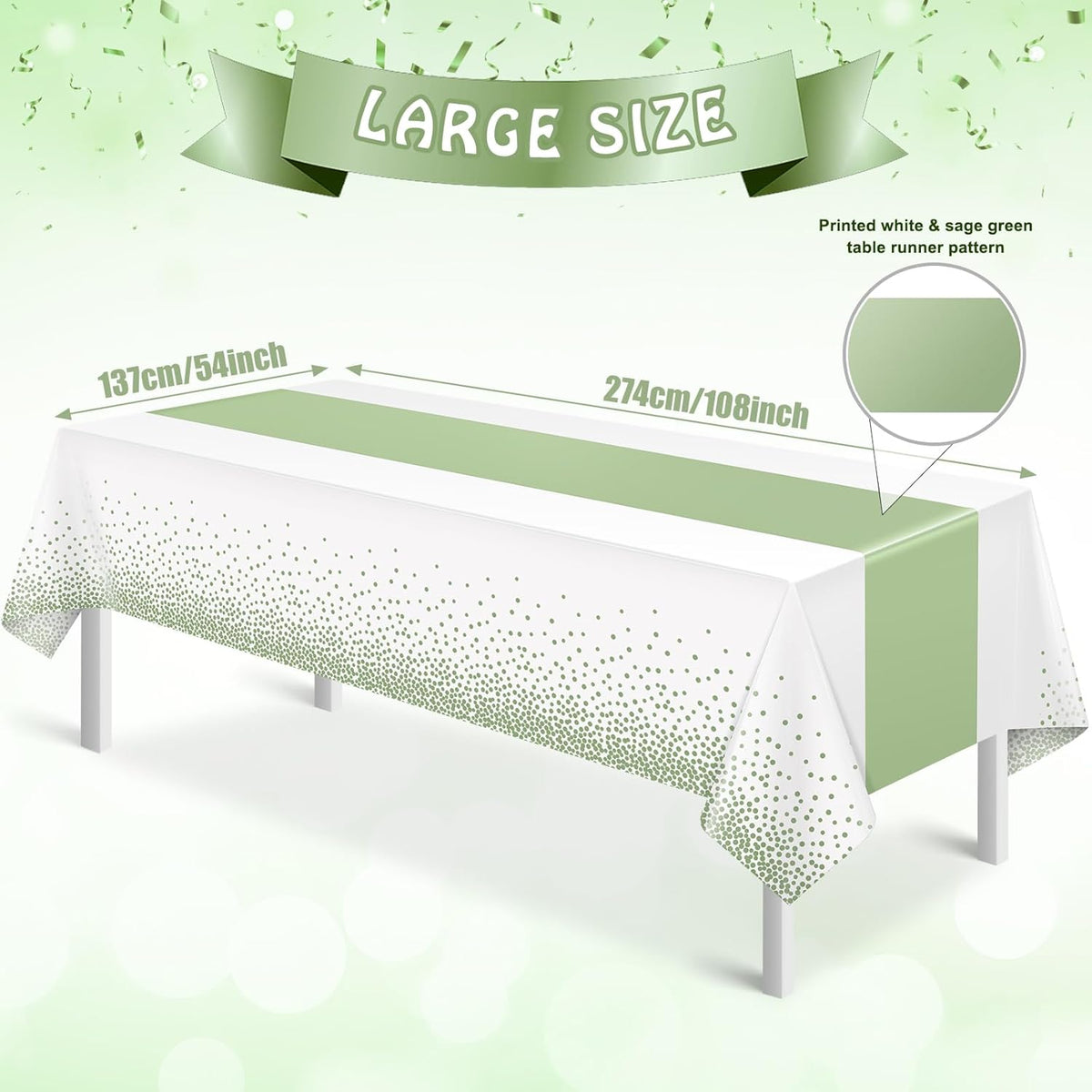 12Pcs White and Sage Green Tablecloth Decorations,Plastic White Table Cloth Printed Green Table Runner Disposable Rectangle Tables Cover for Birthday Wedding Anniversary Graduation Party,54 x108 Inch