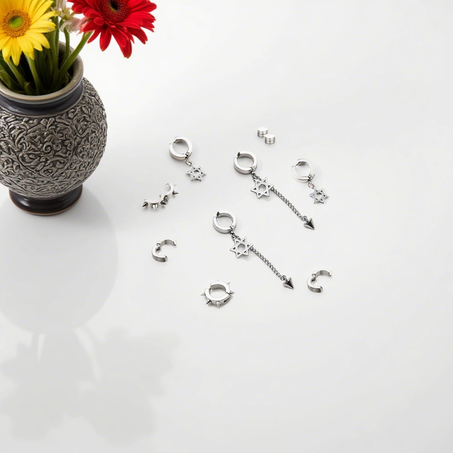 5 Pairs Silver Stainless Steel Non-Piercing Spike Rivet Star of David Dangle Tassel Clip on Hoop Earrings Set for Women Men, Non Pierced Fake Ear Clip Stud Earrings