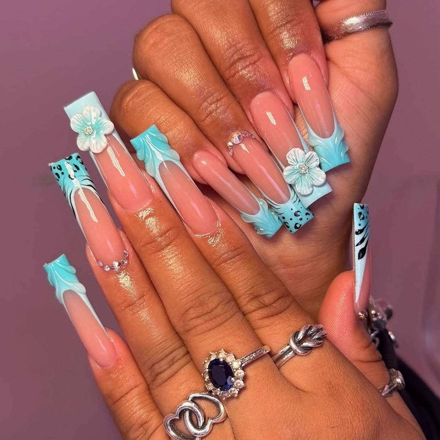 MISUD Press on Nails - Long Square Glue on Nails with Blue French Tip, Acrylic Summer Flower Design 24 pcs