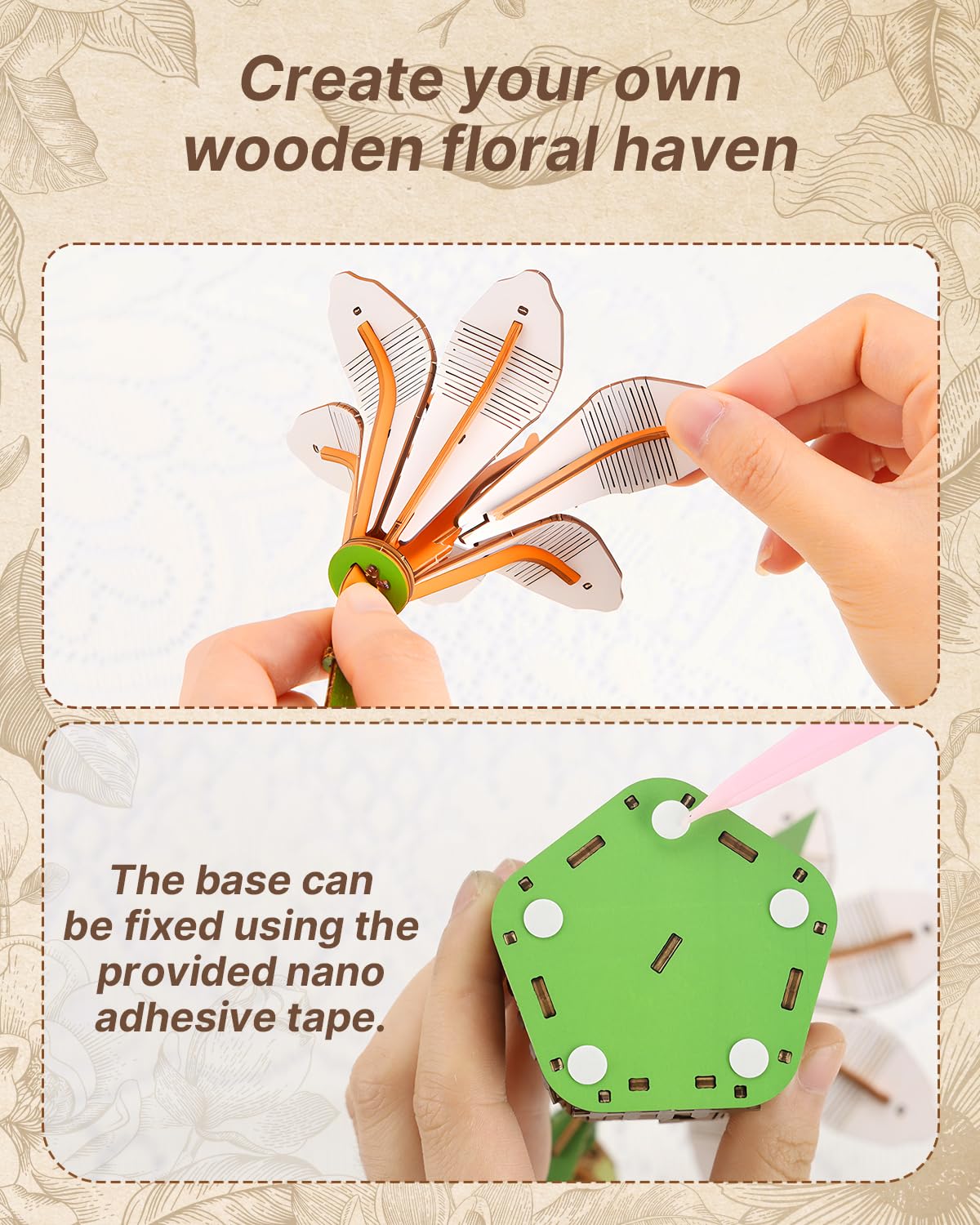 KAAYEE 3D Flower Wooden Puzzles for Adults, 70 PCS Wood Lily DIY Craft Kit Brain Teaser Creative Gift for Puzzle Lovers Home Decors Fake Flowers for Table, Desk, Office