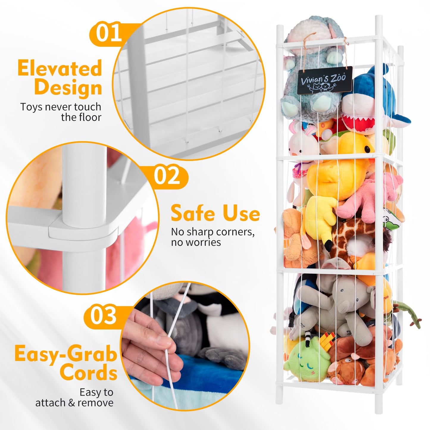 BEINGMATE Care Large Stuffed Animal Storage Organizer, Wooden Stuffed Animal Storage Zoo, Toy Holder, Space Saving Toy Tower for Kidroom, Playroom, Kid’s Gift, White