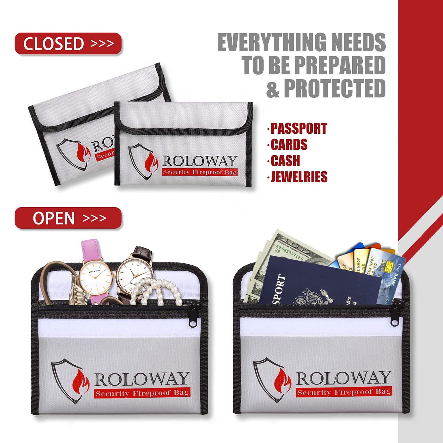 ROLOWAY Small Fireproof Bag (5 x 8 inches), Non-itchy Fireproof Money Bag for Cash, Valuables, Passport, Currency & Keys (2-Pack Silver)