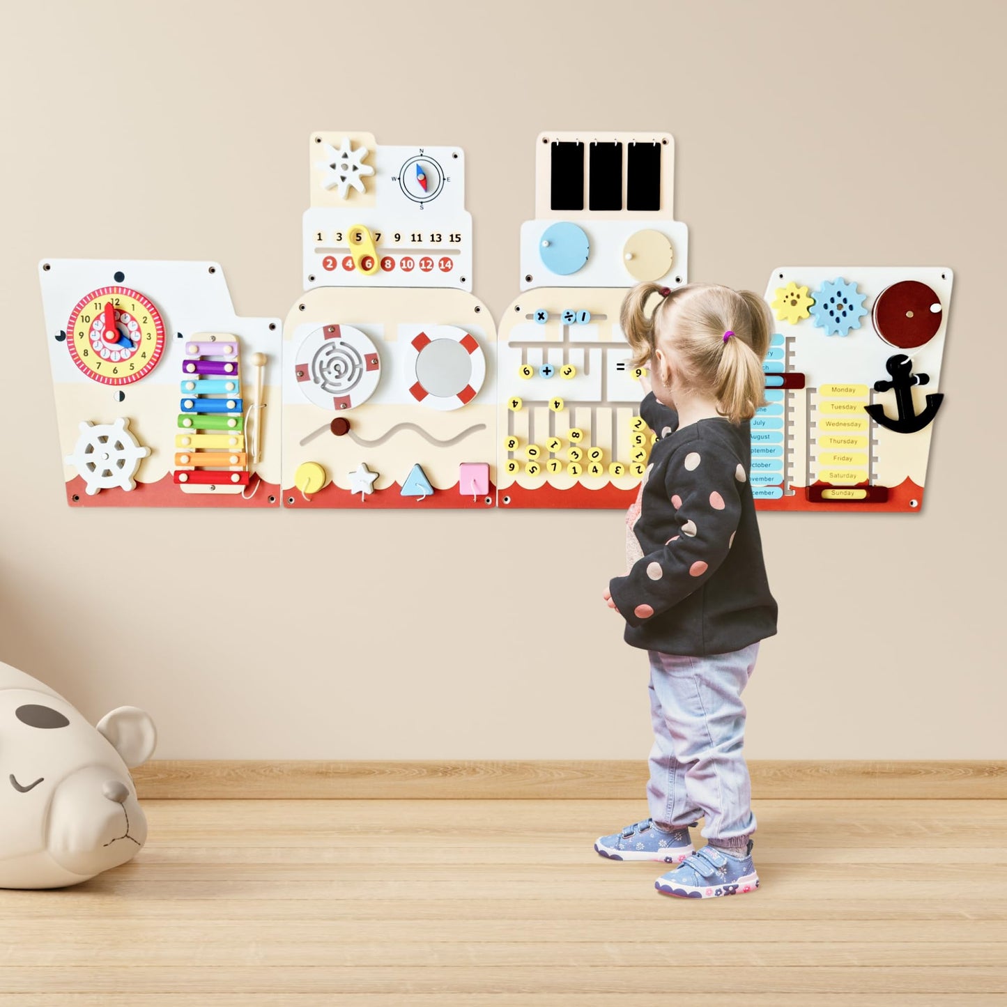 Cateam Sensory Wall Panel for Kids - Activity Wall Busy Board for Toddlers and preschoolers. 16in1 Learning Activity Center. Wooden Montessori Toys for Education and Early Development - Ship