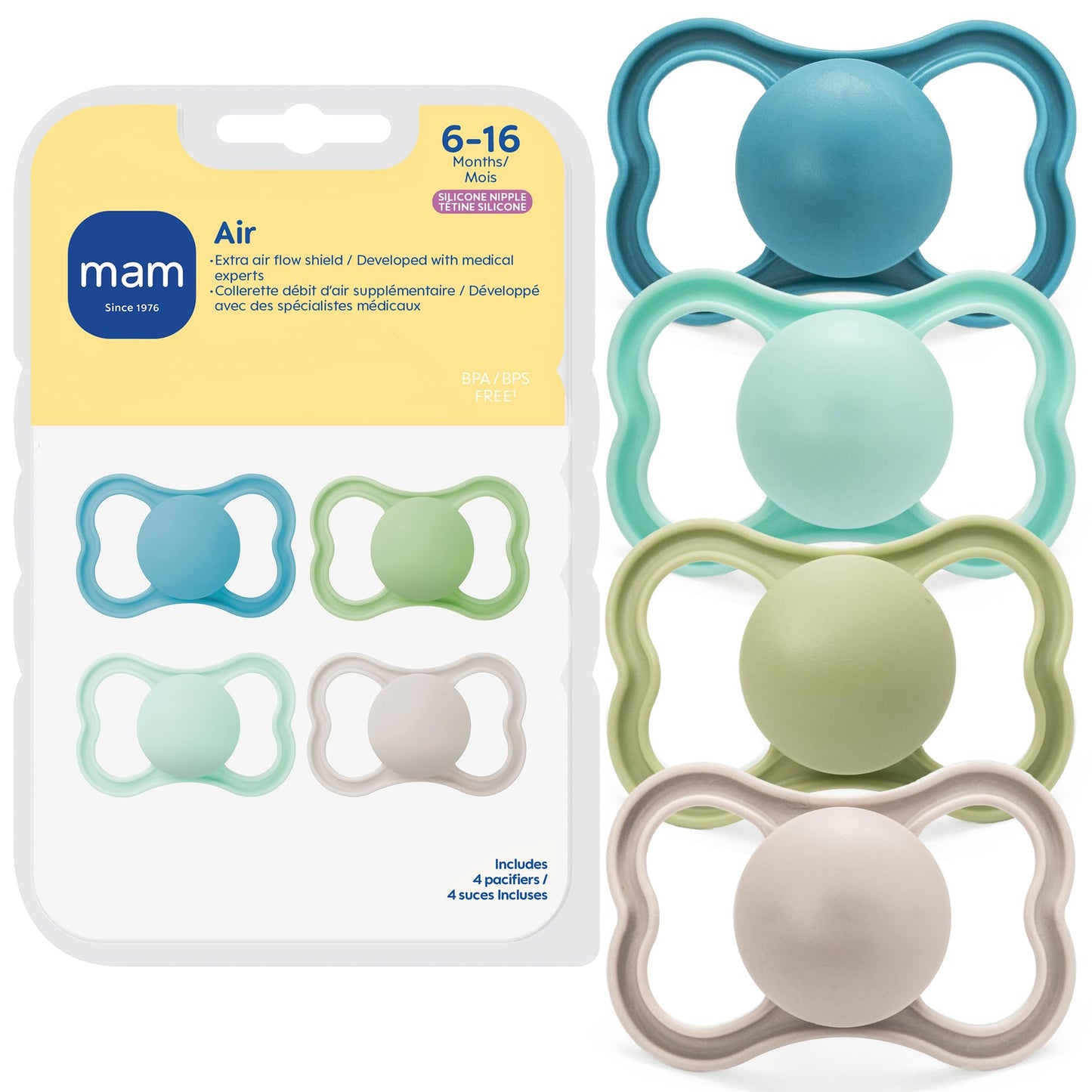 MAM Air Pacifier for Babies 6-16 Months, Extra Air Flow for Sensitive Skin, Developed with Medical Experts, BPA-Free Skin Soft Silicone, 4 Count, Made in Europe
