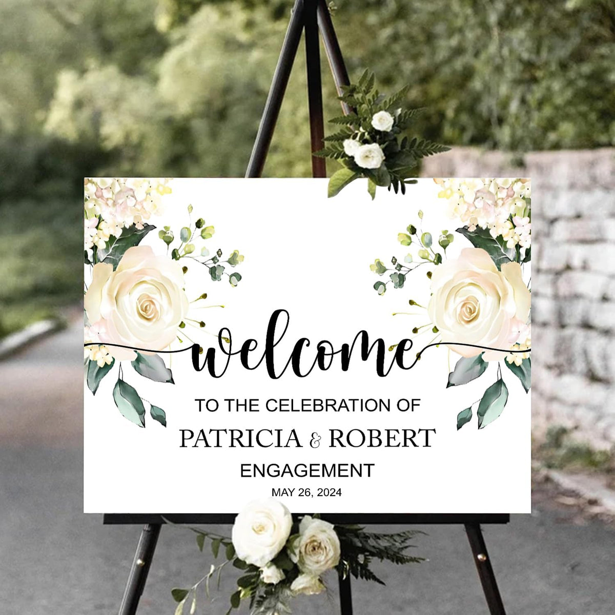 White Rose Welcome Engagement Party Sign, Horizontal Engagement Sign, 12x18 inches, Plastic, Full Size