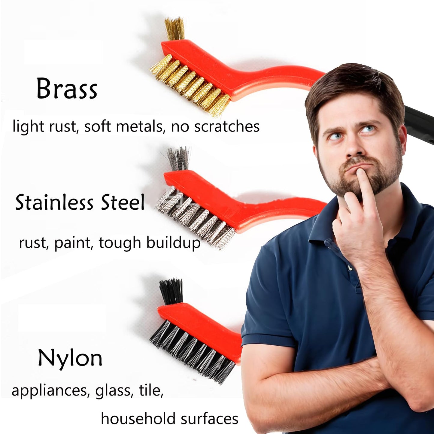 Wire Brush 9Pcs Metal Scrubber - Nylon/Brass/Stainless Steel Bristles with Curved Handle Grip for Cleaning Rust Removal, Dirt, Paint Scrubbing with Deep Cleaning – 7 Inches