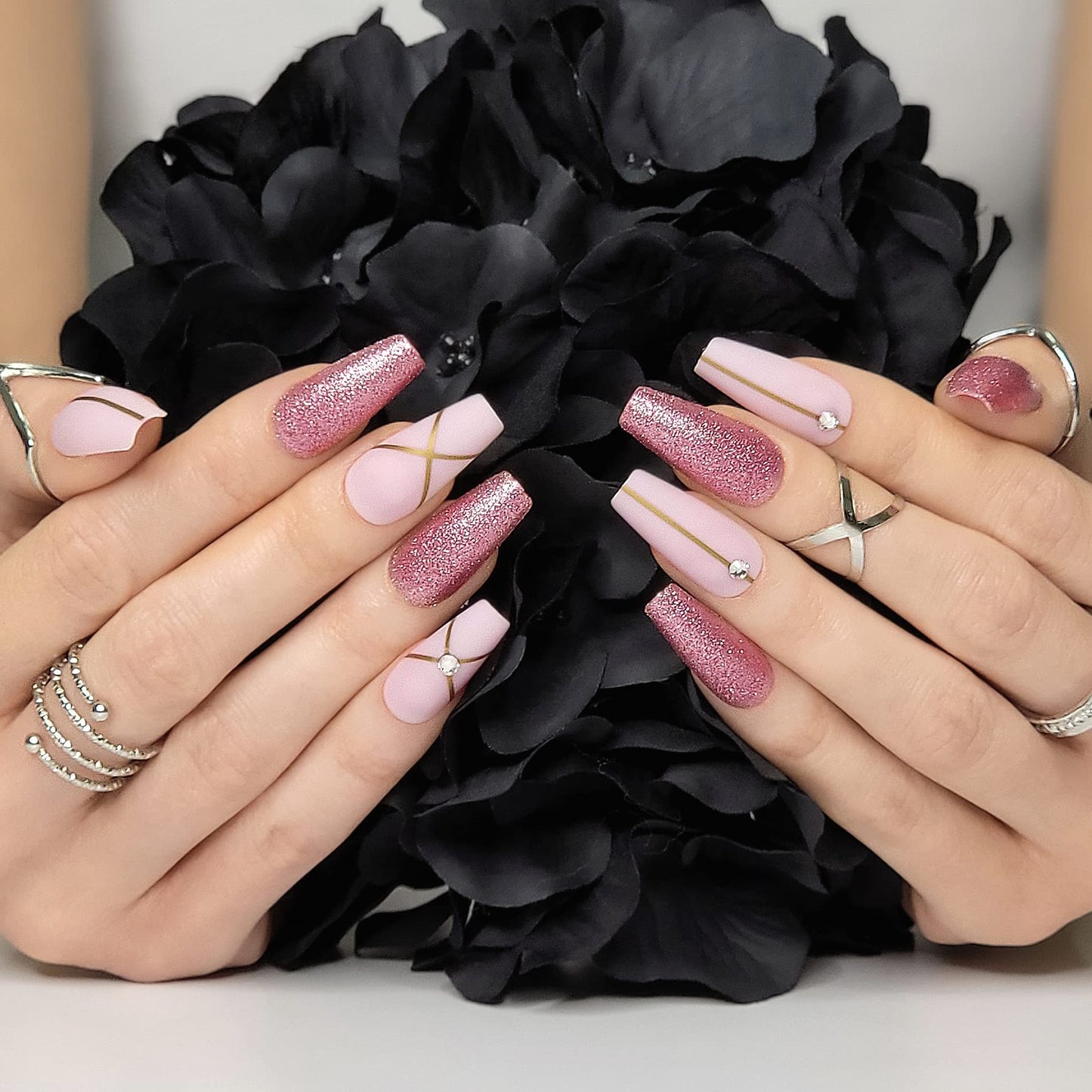 Hypnaughty Press On Nails - Pink Fantasy & Noir Coffin, Trendy & Salon Quality Reusable Nails With Kit