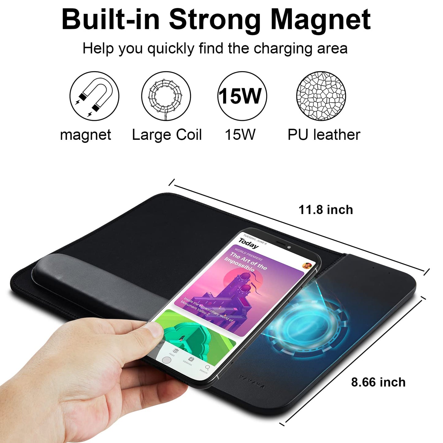 VIVIYA 15W Wireless Charging Mouse Pad with Detachable Wrist Support, Fast QI Phone Charger Mouse Mat for iPhone 16/15/14/13/12/11/X and Samsung Multiple Mobile Devices (Black)
