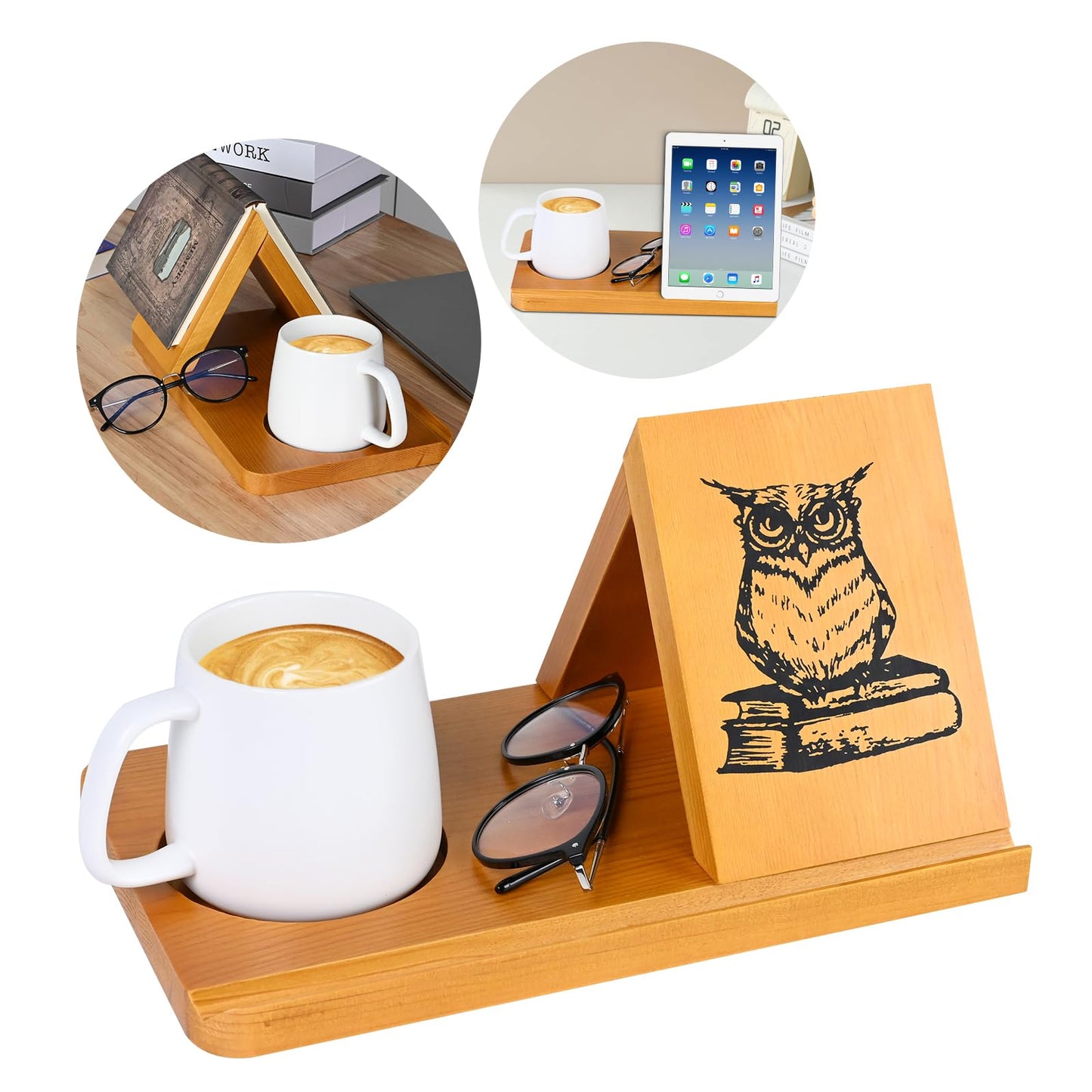 Eadvreit Book Stand, Wooden Triangle Book Holder, Book Rest with Cup Holder, Small Bookshelf Suitable for Reading or Desktop Decoration, Coffee and Book Lovers Gifts