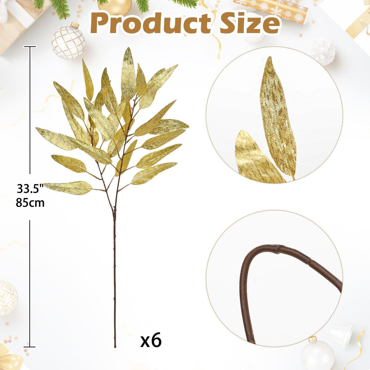 DILATATA 33.5" Gold Leaves for Christmas Tree, Glitter Christmas Leaf Stems, Non-Shedding Shiny Sequin Fabric Christmas Picks for Wreath, Centerpiece Decor