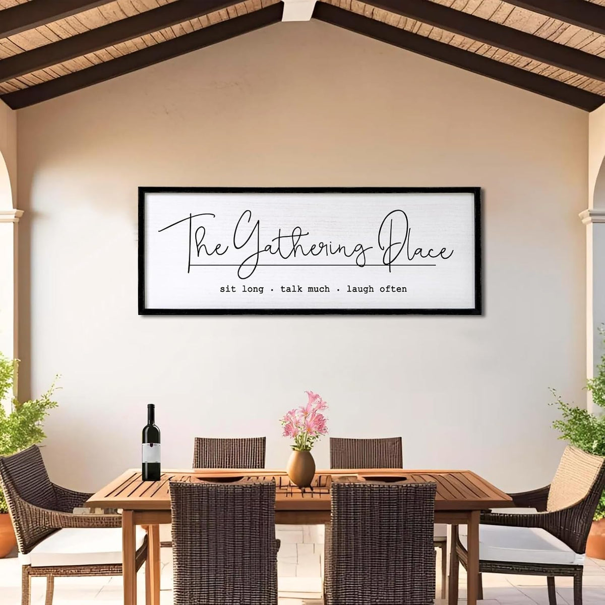 The Gathering Place Wall Decor Art 24"X10" for Dining Room gather Kitchen Wall Wooden Framed Sign (Black)