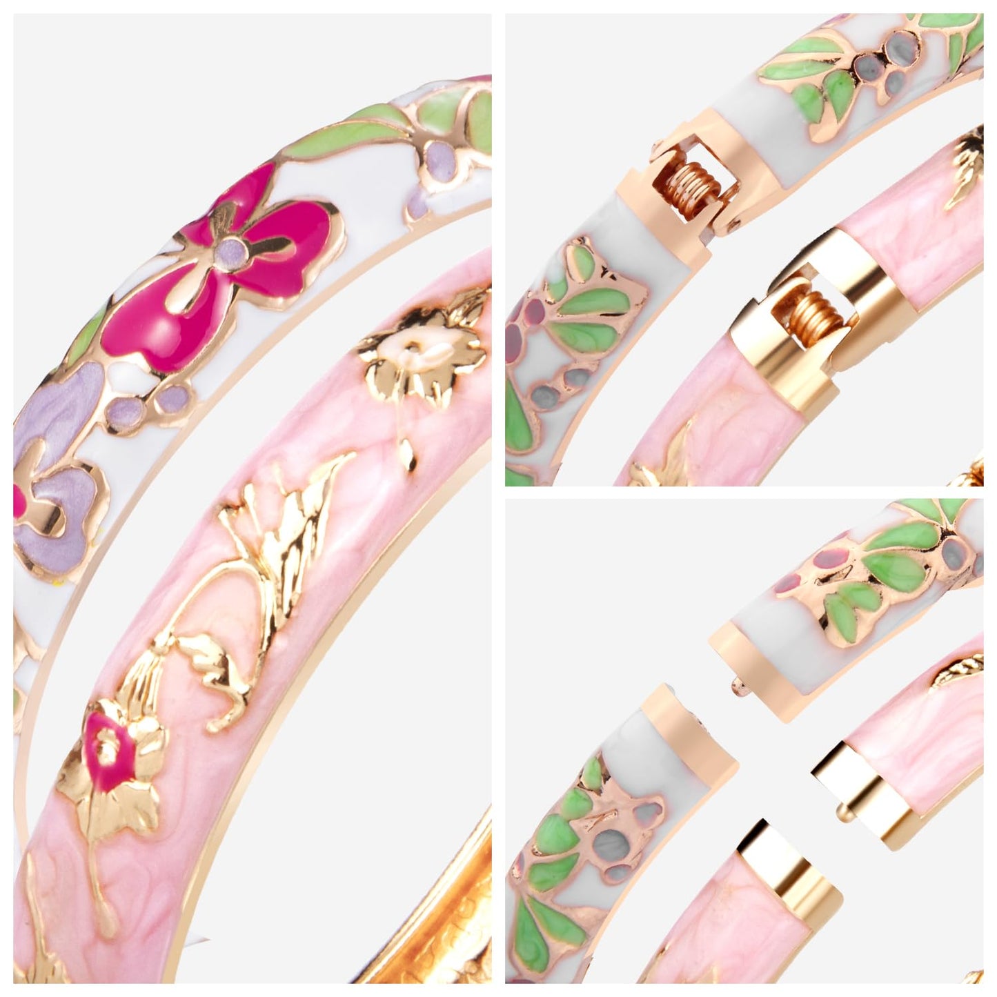UJOY Gorgeous Bracelets Enameled Floral Cloisonne Gift Plated Cuff Bangles Jewelry Sets Box for Women 55A81-55A100 Pink White
