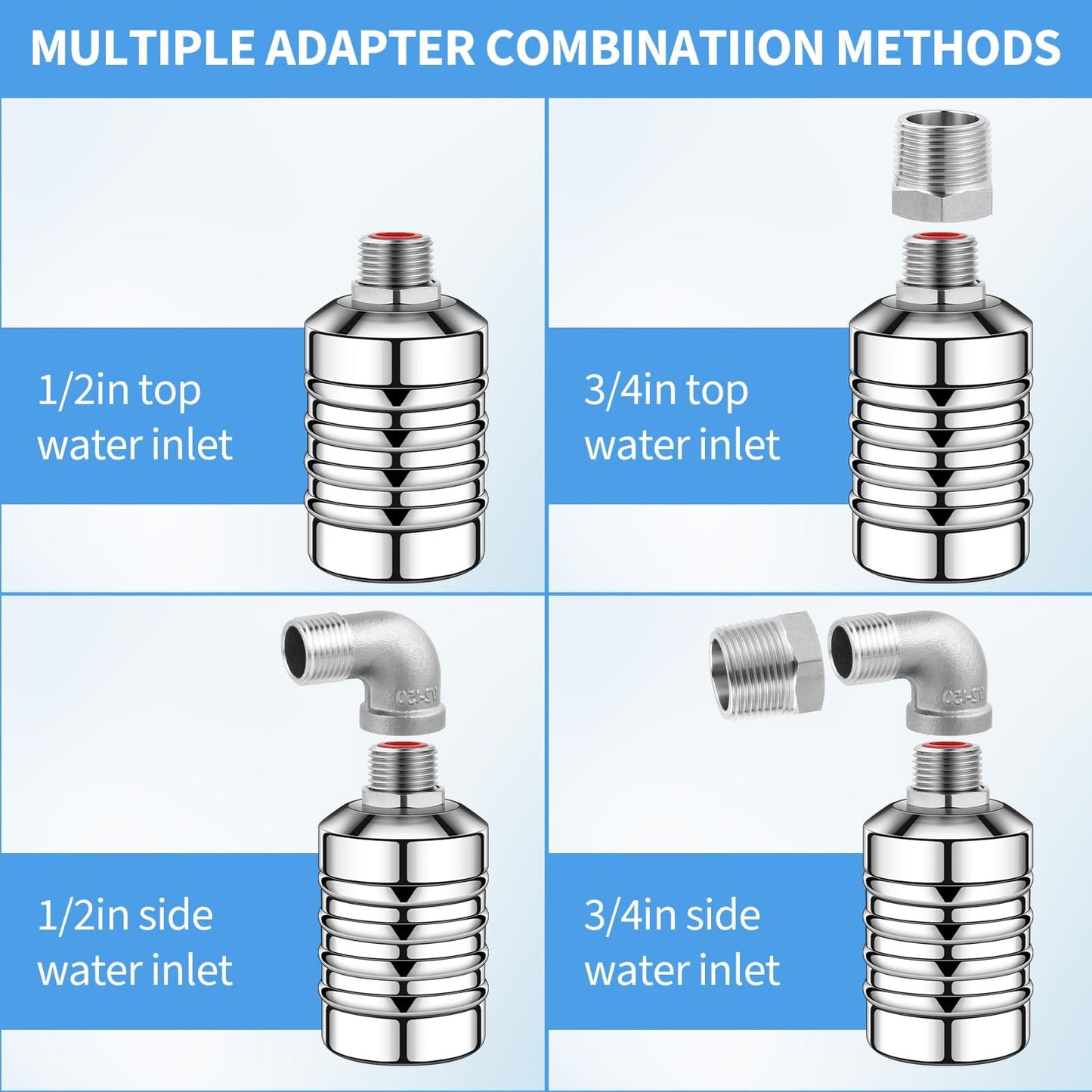 2Pcs Water Float Valve for Water Tank, Aquapulse Automatic Water-Level Control System, 1/2" to 3/4" Stainless Steel Water Shut Off Float Valve for Water Tower, Pool, Livestock Troughs
