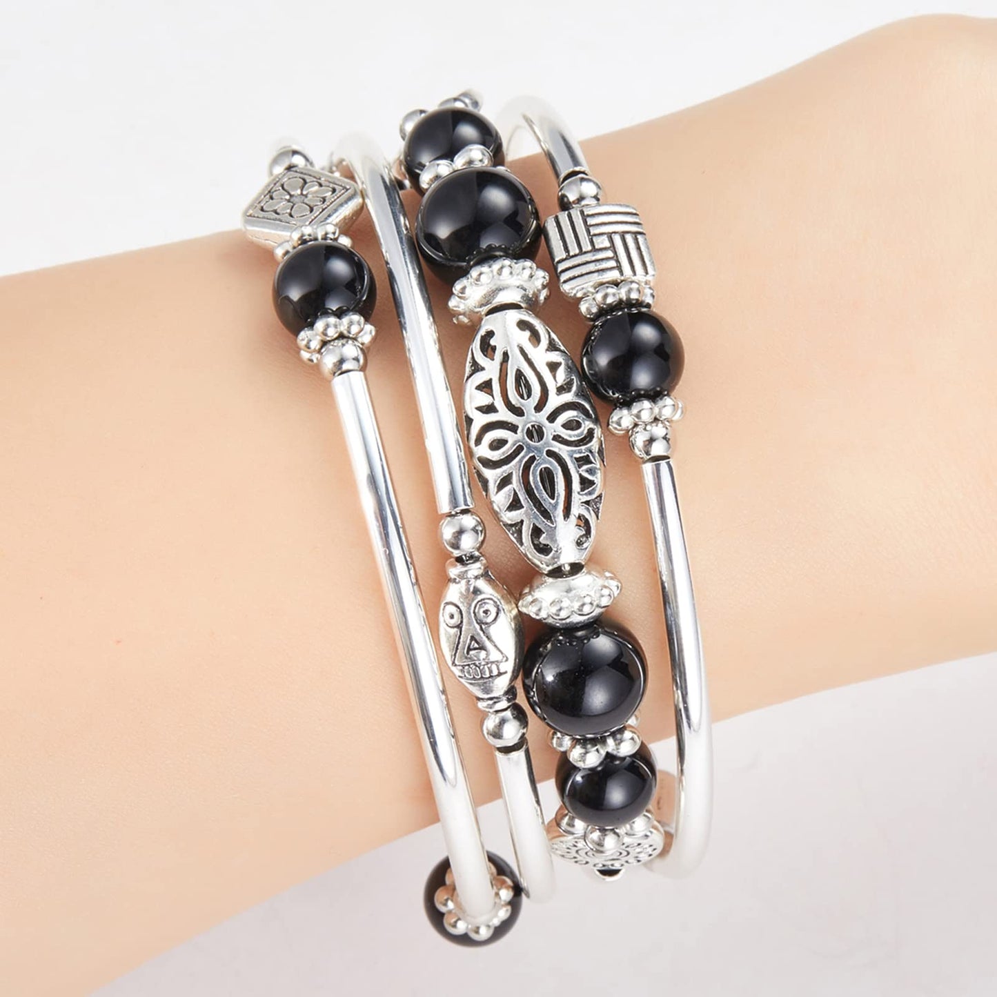 Layered Wrap Bangle Turquoise Bracelet - Bead Bracelet with Natural Agate Stone, Gifts For Women (03-Black)