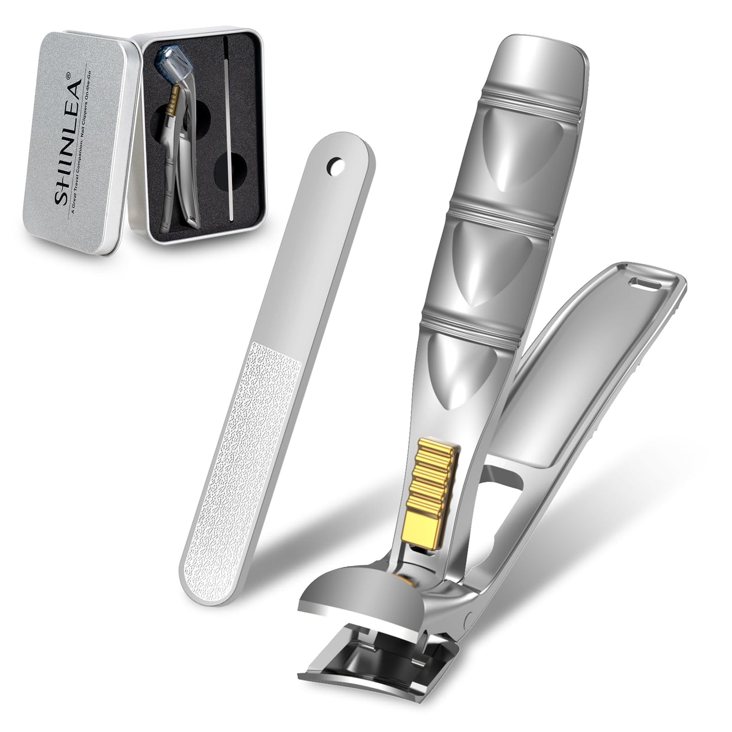 SHINLEA Nail Clippers for Seniors Thick Toenails, Professional Fingernail Toenail Clippers with Catcher, Sharp Wide Opening and Long Handle Nail Cutter Set for Men Women, Silver
