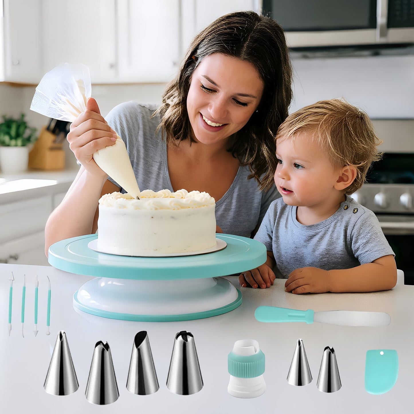 YOQXHY Cake Decorating Kit, 248 Pcs Baking Supplies Tools with Cake Turntable, Leveler, 24 Numbered Icing Tips, 2 Spatulas, 3 Scrapers, 2 Couplers, 50 Cupcake Liners, 100 Pastry Bags & More, (Green)