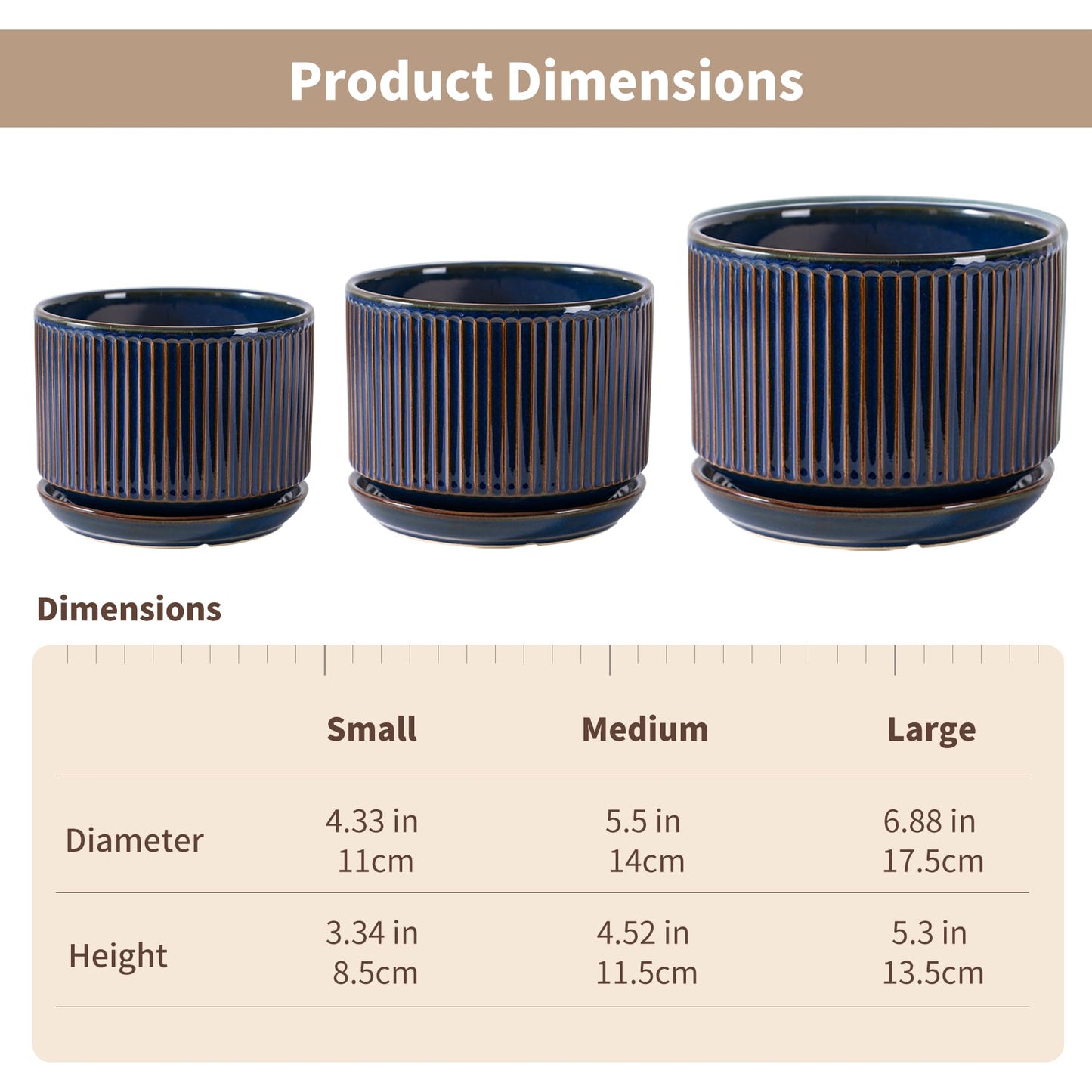SURE YUESI Navy Blue Ceramic Plant Pots Set of 3 (4.3”+5.5”+6.7”), Indoor Striped Planters with Drainage Hole, Mesh Pads, Decorative Pots for Plants & Gardening