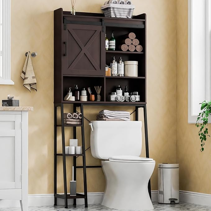 Over The Toilet Storage Cabinet, Farmhouse Storage Cabinet Over Toilet with Sliding Barn Door,Home Space-Saving Toilet Rack, for Bathroom, Restroom, Laundry.(Espresso)