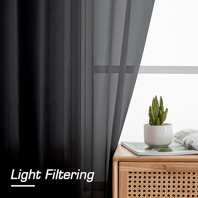 Simplebrand Black Sheer Curtains, 63" Length, 2 Panels Set - Light Filtering, Rod Pocket Window Curtains for Bedroom (Black, 59" W x 63" L)