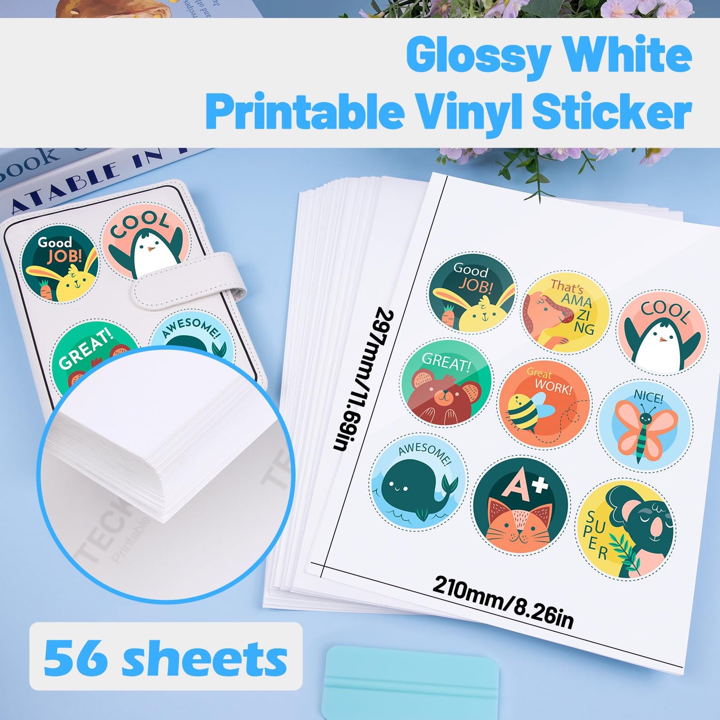 TECKWRAP Printable Vinyl Sticker Paper for Inkjet Printer, Glossy Inkjet Printable Vinyl, 8.26" x 11.69" A4 56 Sheets/Pack Printing Paper for Craft Scrap-Booking, Stickers, Labels