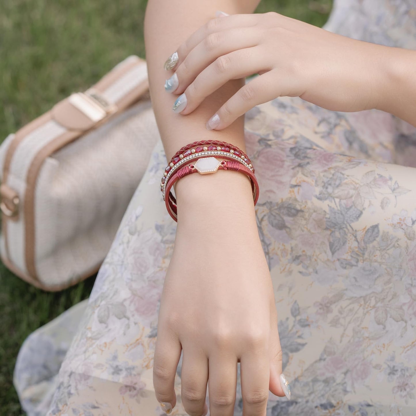 FANCY SHINY Crystal Beaded Leather Wrap Bracelet Stackable Boho Jewelry for Women Trendy Braided Resin Stone Bangle Cuff with Magnetic Clasp(Burgundy)
