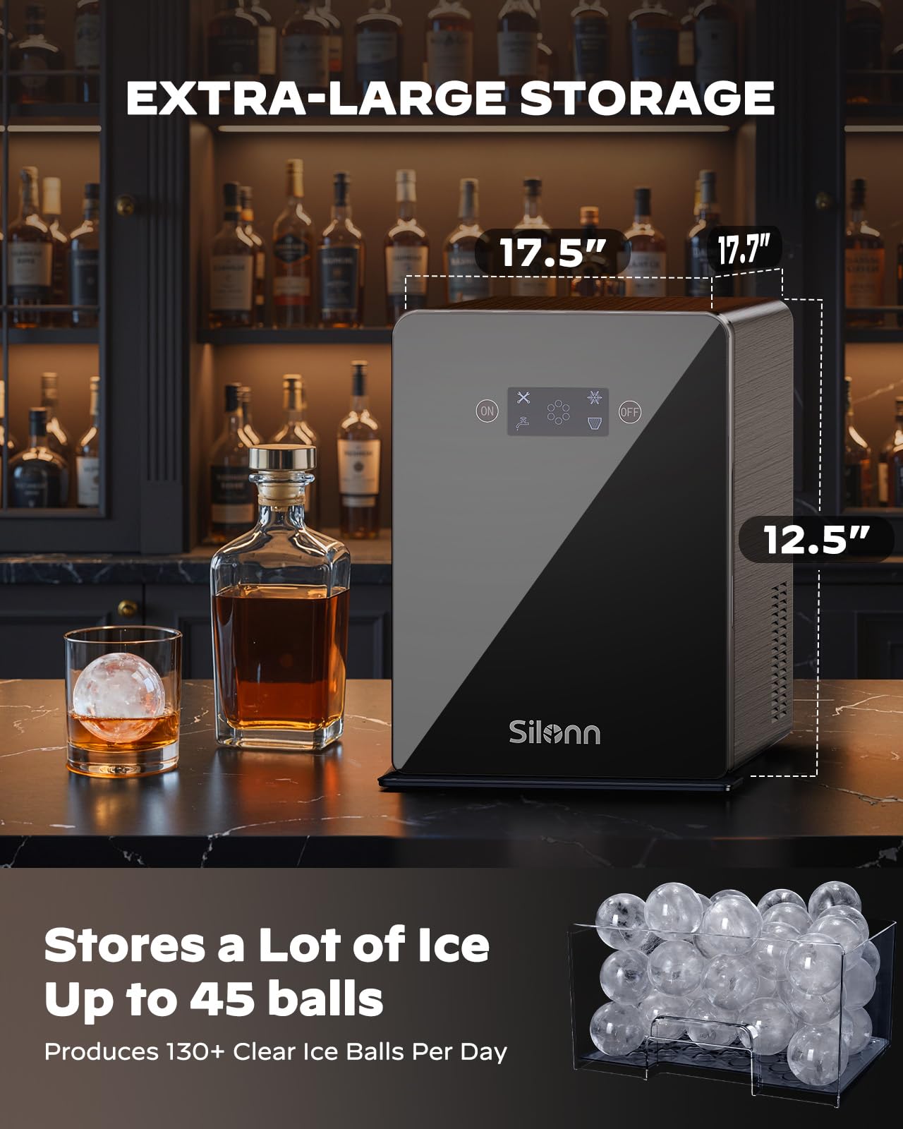 Silonn 2" Sphere Clear Ice Maker Countertop, Slow-Melting Crystal Ice Balls for Whiskey, 4 Pcs in 35 Mins / 144 Pcs/Day, Rapid Sphere Technology, One-Click Self-Cleaning, Ideal for Bourbon