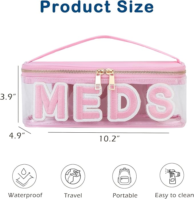 Clear PVC Letter Patch MEDS RX Makeup Bag with Metal Zipper,Large Capacity Nylon Transparent Medicine Bag with Top Handle,First Aid Travel Organizer Cosmetic Bag(02Pink MEDS)