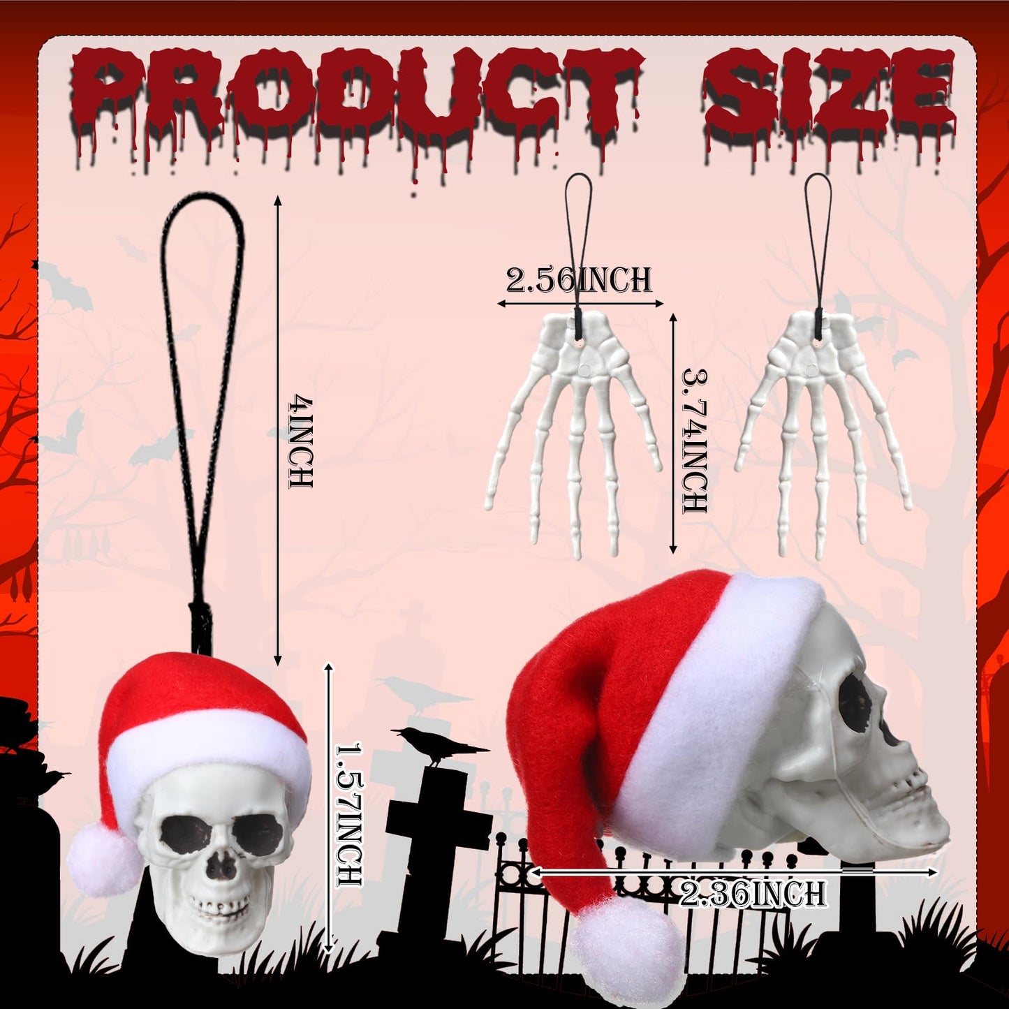 Soulchen 24 Pcs Christmas Gothic Decorations Skull Tree Hanging Ornament with Santa Hat Halloween Skulls Head and Hand Small Skeleton Decoration Spooky Christmas Hanging Ornament for Party Supply