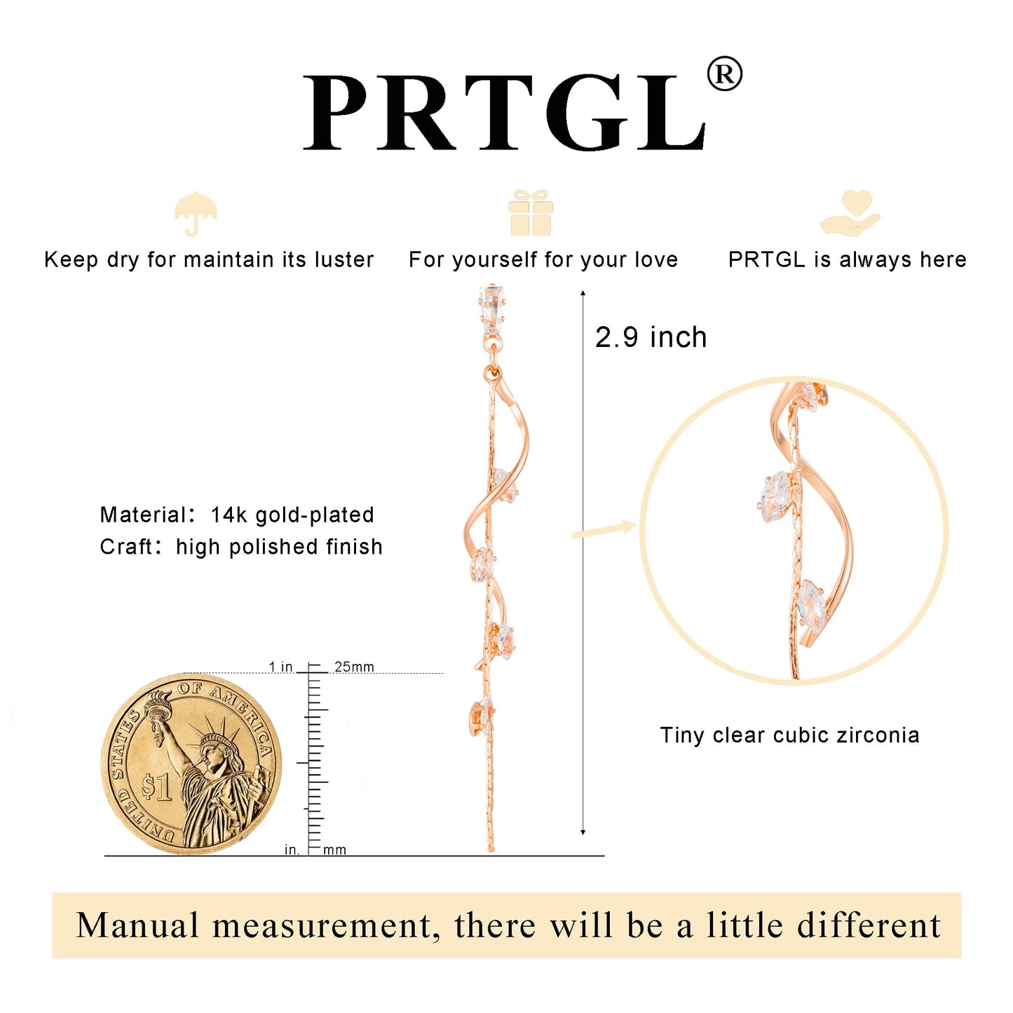 PRTGL Dangle Earrings for Women - 14K Rose Gold Plated Long Twist Tassel Dangle Earrings with Tiny Cubic Zirconia