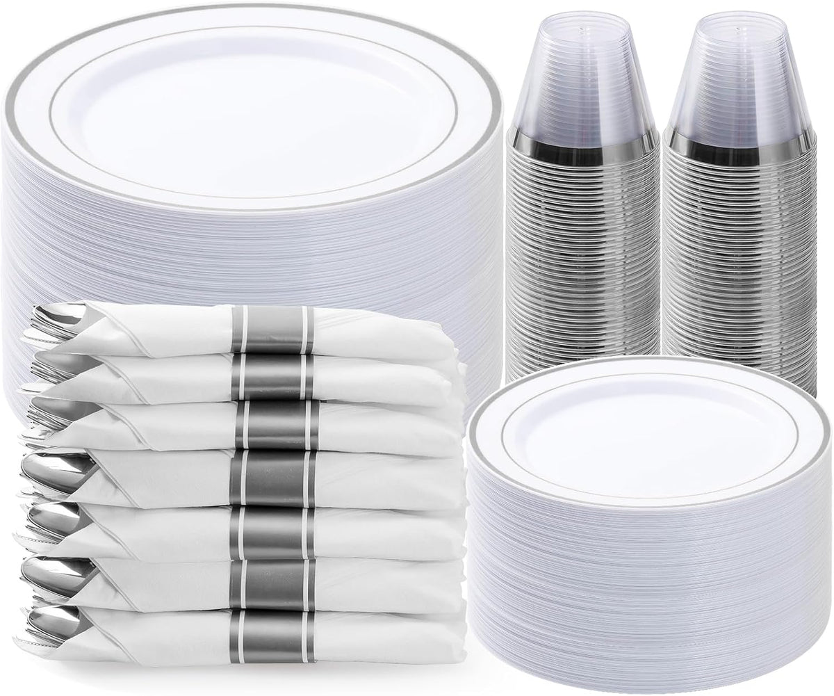 BESTVIP 350PCS Silver Plastic Dinnerware Set, Disposable Party Plates for 50 Guests, Include: 100 Plastic Plates, 50 Pre Rolled Napkins with Silver Silverware, 50 Cups
