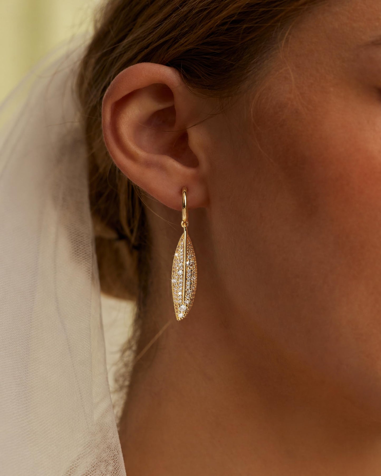 Asdecy Leaf Huggie Hoops Earrings for Women 14K Gold Plated Drop Dangle Cubic Zirconia Elegant Prom Bridal Bridesmaid Wedding Anniversary Dangling Jewelry