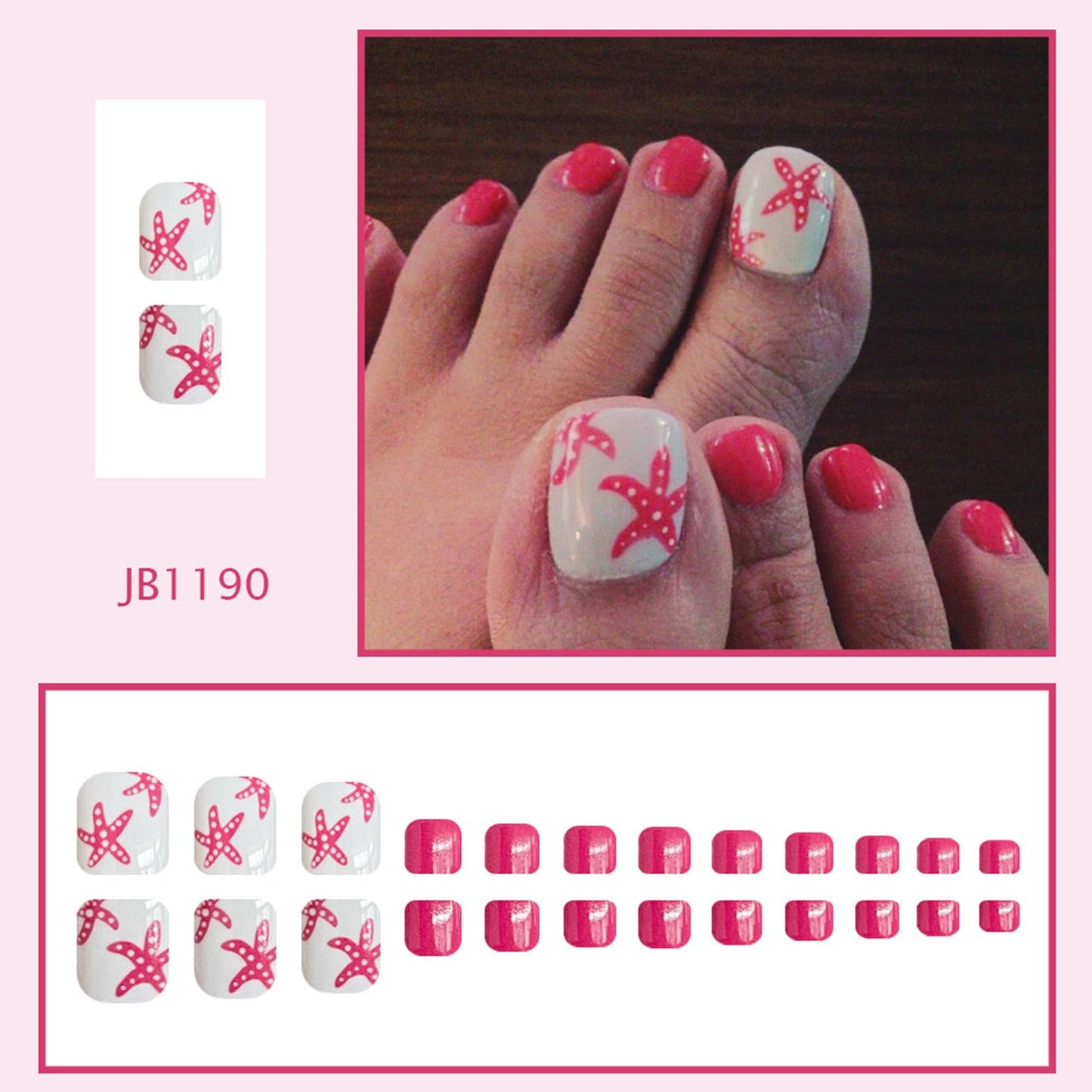 Pink Starfish Press on Toenails Short Square Fake Toenails Acrylic Toe Nail Press ons Reusable Stick on Toes Nails for Women Summer Beach Vacation Manicure 24Pcs