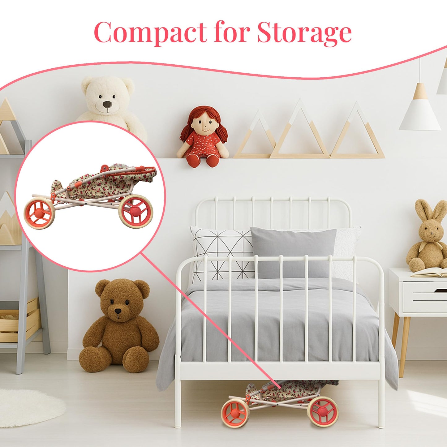 Baby Doll Stroller Play Set, 3-in-1 Babydoll Stroller with Removable Bassinet Baby Carriage for Dolls Toy Doll Stroller for Toddlers 3-4 Years, (Floral)