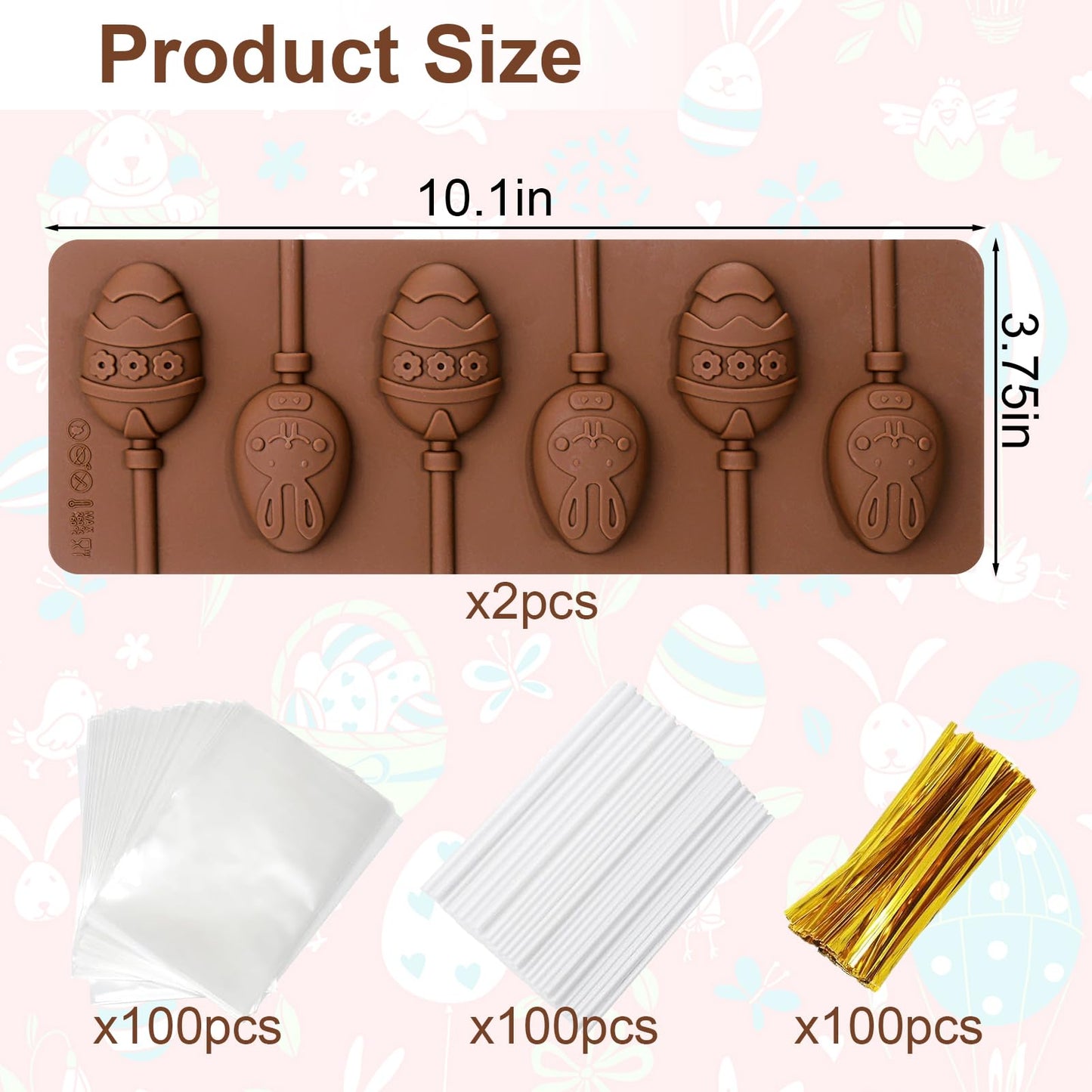 Mity Rain Easter Cake Pop Mold Kit – 2pcs Egg Silicone Molds, 100 Bags, 100 Sticks and 100 Gold Ties, DIY Egg Lollipop Molds for Chocolate, Candy, Cupcake Decorations Easter Celebrations