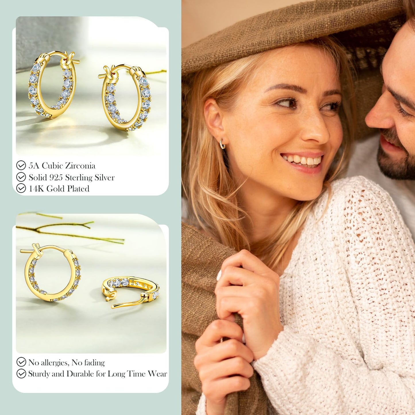 Cubic Zirconia Small Hoop Earrings for Women 925 Sterling Silver Created Diamond Earrings 14K Gold Plated Chunky Huggie Hoop Earrings