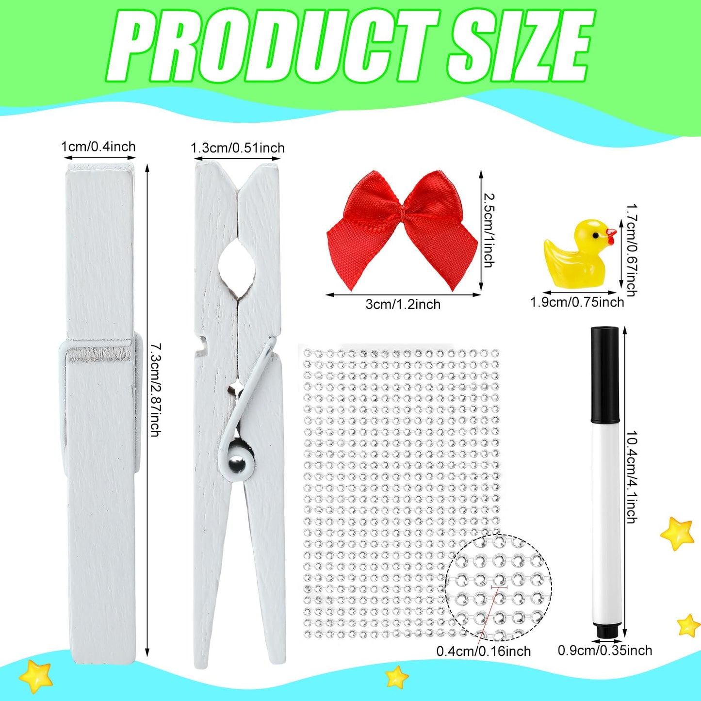 Dingion 60 Set Cheer Pins Spirit Clips Include 60 Wooden Clothes Pin Resin Ducks Bows Self Adhesive Glitter Sticker Pen Glue Ribbon for DIY Cheer Accessory Schoolbag Decor Team Craft Gift(White)