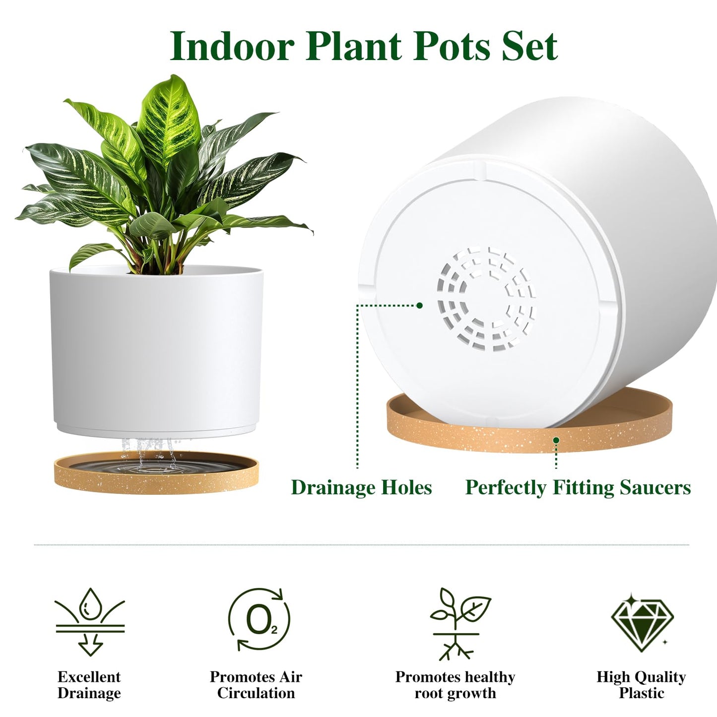 KUGAZ Plant Pots, 10/9/8 Inch 3 Pack Cylindrical Flower Pots with Drainage Holes and Saucers, Plastic Planters for Outdoor Indoor Plants,White Brown
