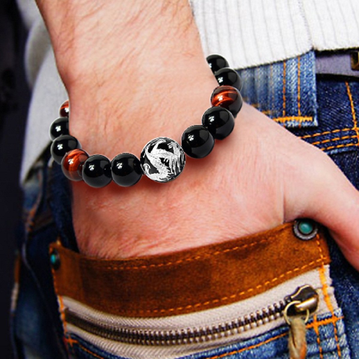 16mm Silver Dragon Pattern Tiger Eye Stone Bold Wrist Bracelets | Elegant Design Natural Lava Rock Black Beads Bracelets for Men | Charming Black Crystal Men's Bracelet Beads Set for Layered Looks