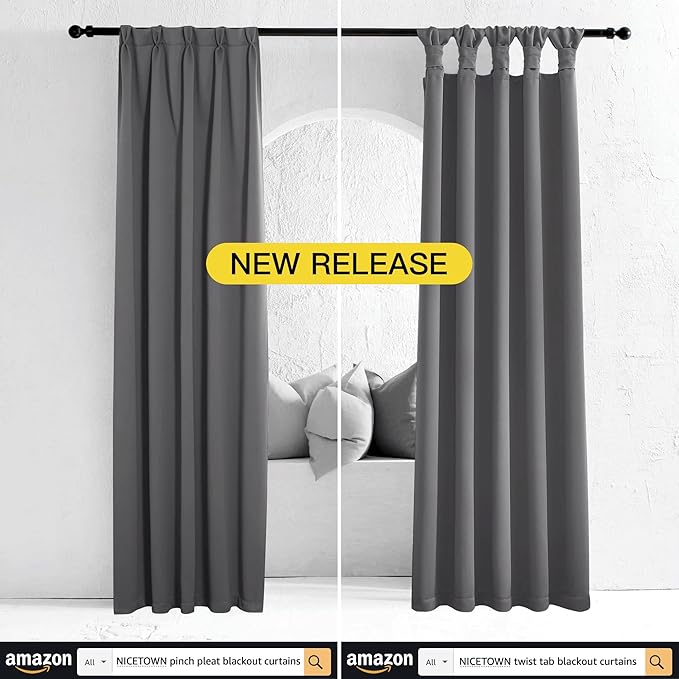 NICETOWN Grey Blackout Curtain Panels for Bedroom, Thermal Insulated Grommet Top Blackout Draperies and Drapes for Basement (2 Panels, W34 x L45-inch, Grey)