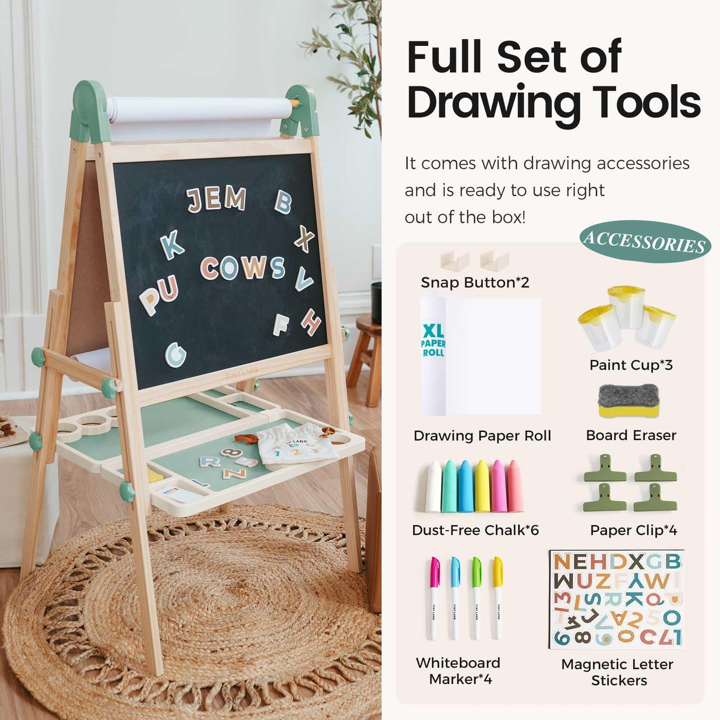 Tiny Land Easel for Kids, Double-Sided Magnetic Easel with Drawing Accessories, Adjustable Wooden Kids Art Easel with Paper Roll, Learning-Toy for 3,4,5,6,7,8 Years Old Boy & Girls Green