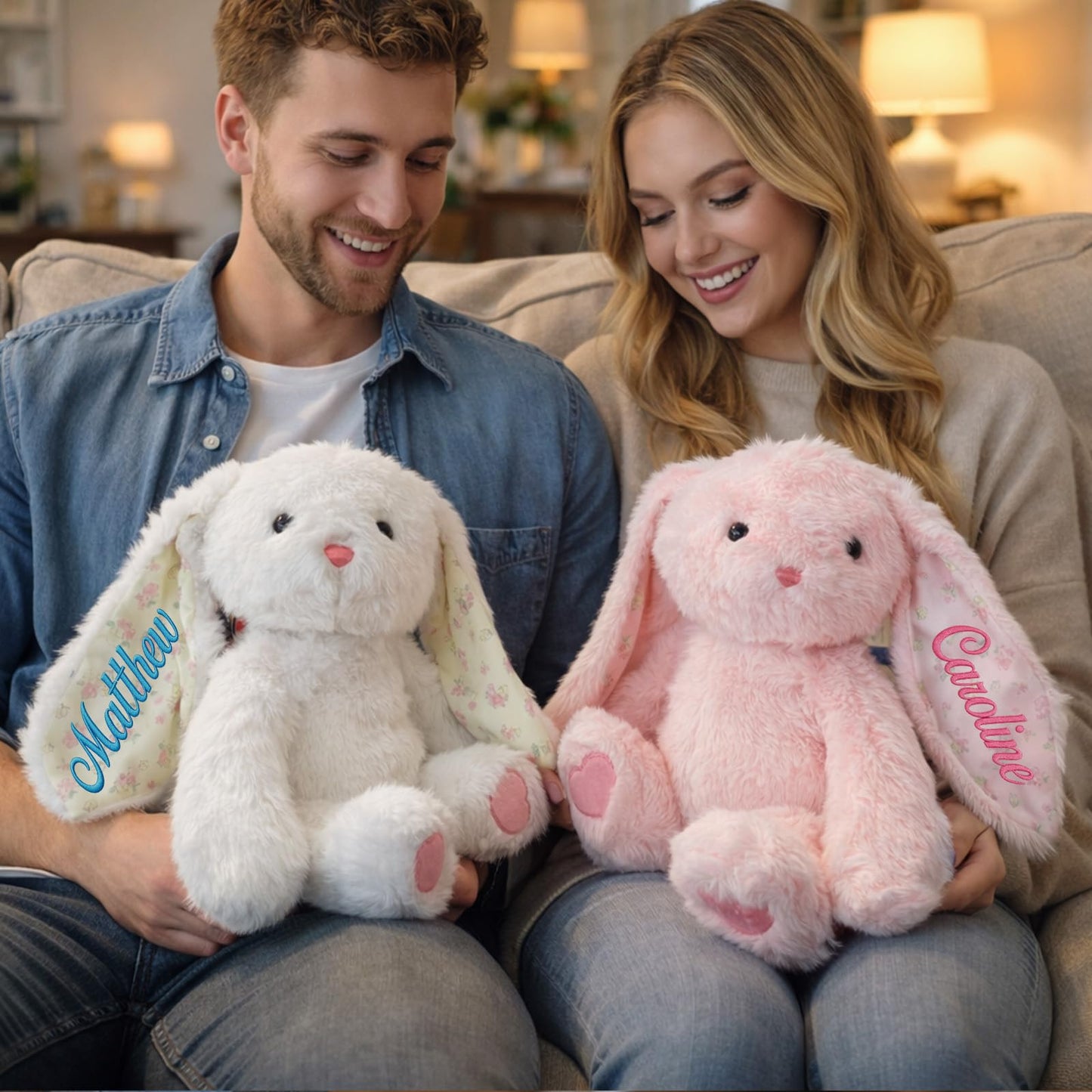 Evulum Personalized Hugging Plush Bunnies Set of 2, Valentines Day Gift for Couples, Custom Bunny Stuffed Animal with Embroidered Name/Date, Easter Gift for Kids