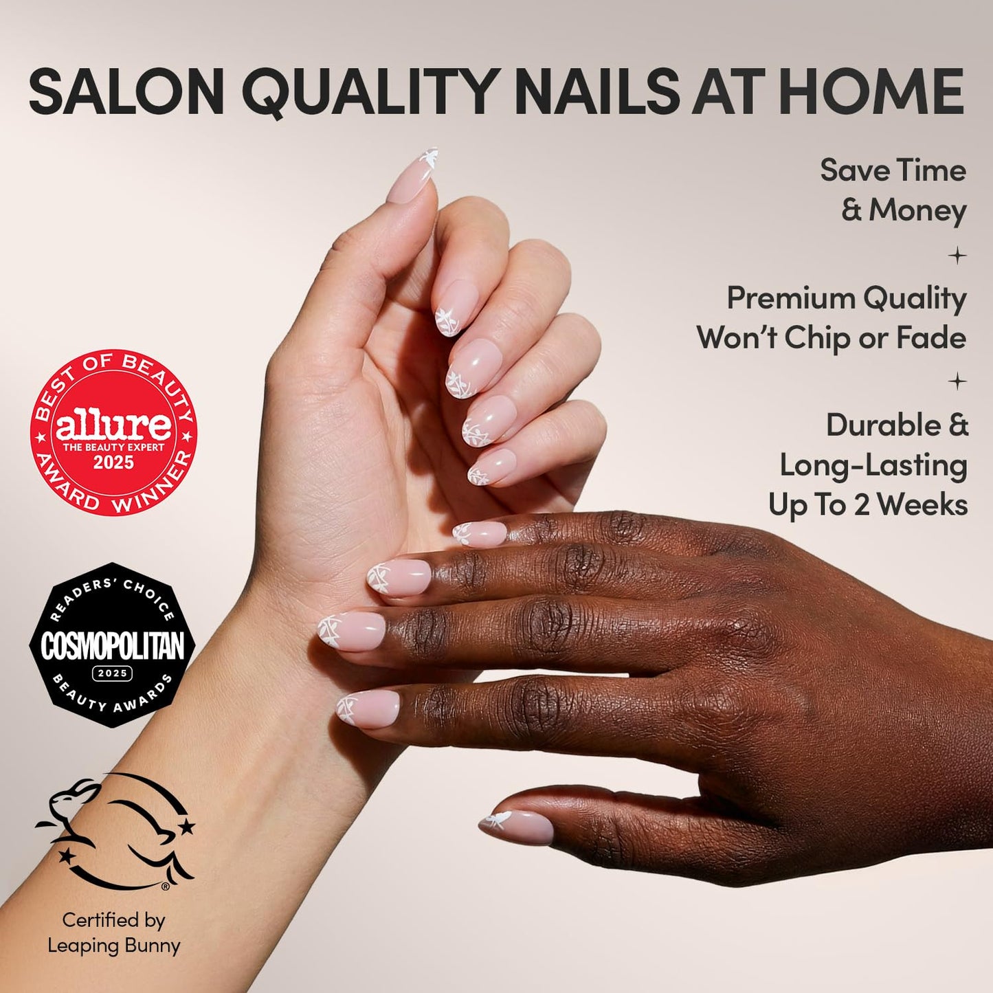 Glamnetic Press On Nails - Love Preserved Spring Nails | Short Oval Fake Nails in Semi-Transparent Base with White Floral Tips in a Glossy Finish | 15 Sizes - 30 Nail Kit with Glue