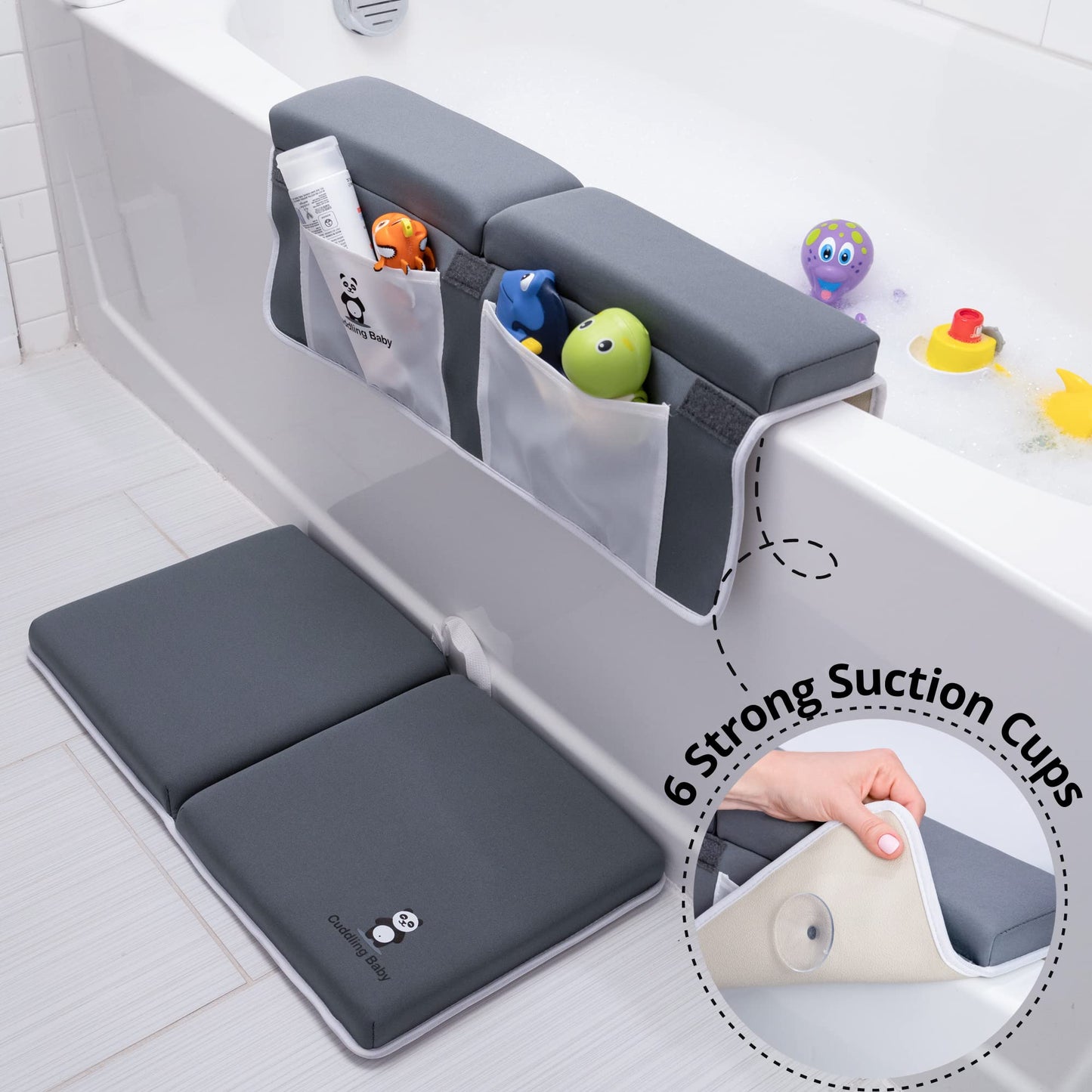 Cuddling Baby Bath Kneeler and Elbow Rest Pad Set - 2PC Premium Baby Bath Mat Set - Non-Slip Kneeling Pad with Storage Pockets - Machine Washable, Durable Foam Pad Bundle - Gray