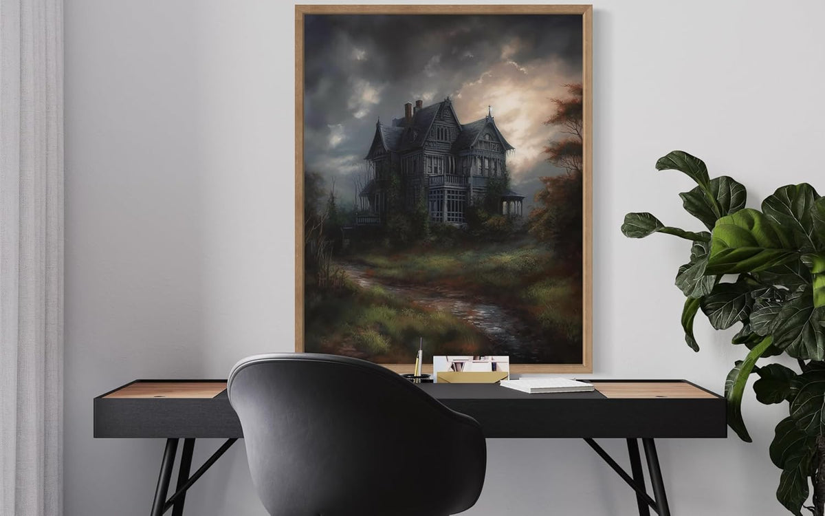 Haunted House Poster Art Print, Halloween Scary Vintage Wall Art Academia Spooky Painting Decoration for Horror Prints, Gothic Posters Bedroom Decor 89 (Haunted House, 8 x 10 inches, Wood Frame)