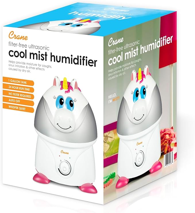 Crane Unicorn Ultrasonic Cool Mist Humidifier with Auto Shut-Off, For Baby Nursery and Kids Room, 1 Gallon Tank, Animal Humidifier For Kids Room