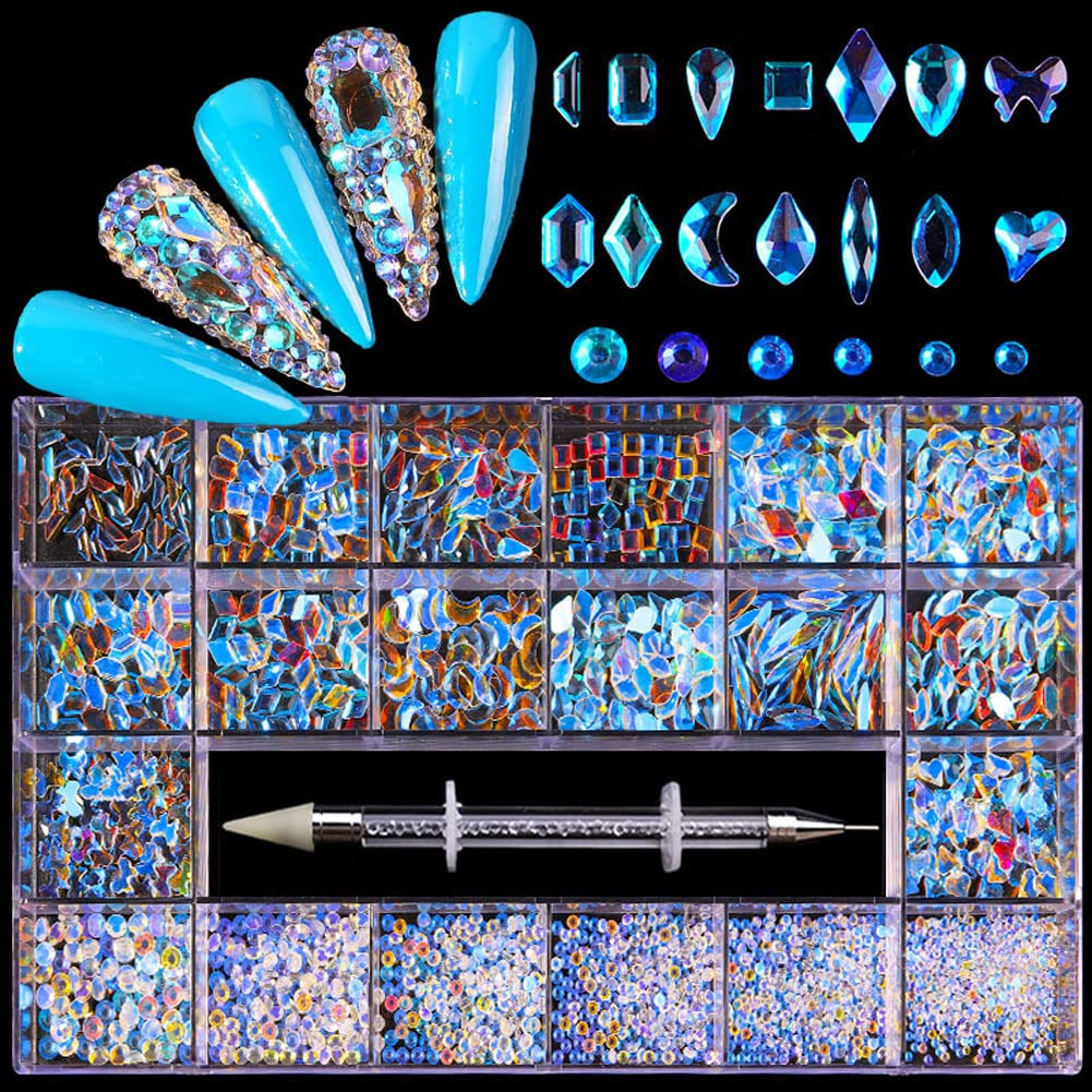 Mesiyun Nail Art Rhinestones Kit AB Flat Nail Sparking Gemstones Decorations DIY Crafts Gems for Nail, Shoes, Clothes, Jewels Accessories (Aurora)