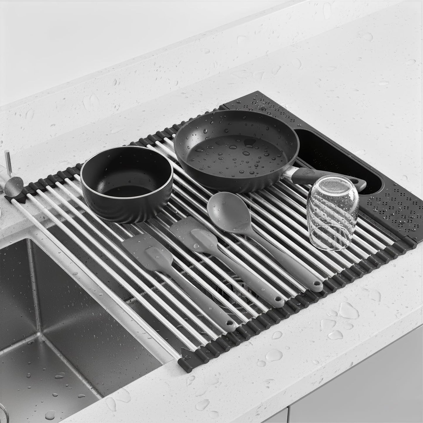 KEGFRES Roll Up Dish Drying Rack Over Sink, 17.5" x 15.2" Foldable SUS304 Stainless Steel Kitchen Dish Drainer, Heat-Resistant Multipurpose Rolling Sink Rack Organizer,Black