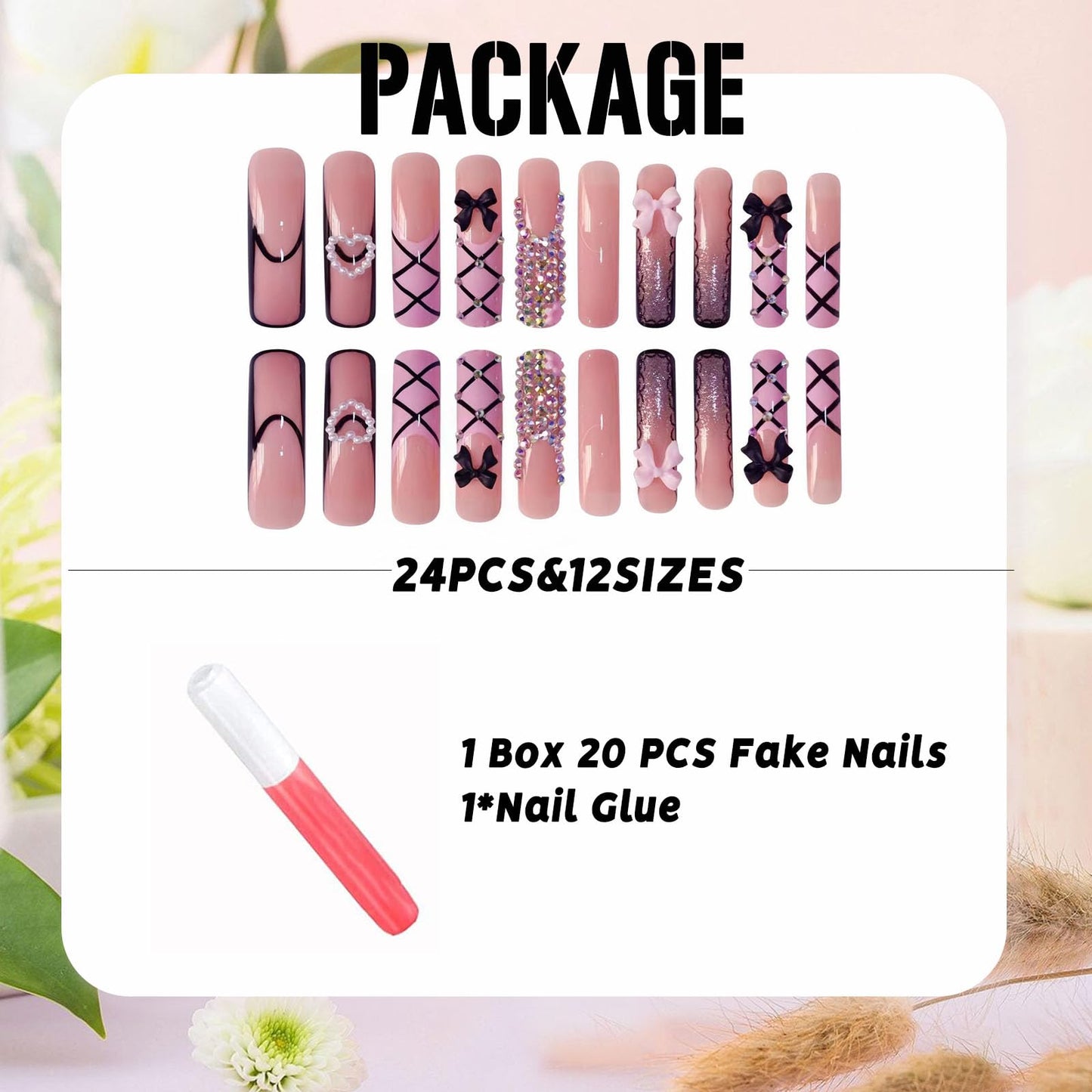 IMSOHOT Curved Press on Nails Long Square Fake Nails Pink Black French Tip False Nails with Bow, Glitter, Rhinestone Designs Cute Acrylic Extra Long Stick on Nails for Women Girls